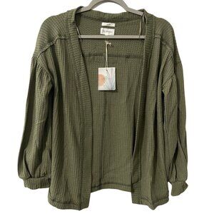 Blu Pepper Womens Waffle Knit Cardigan Open Front Drop Shoulder sz S Olive Green